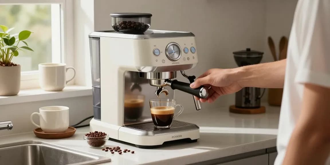 ROKOK88 Espresso Machine in a cozy kitchen brewing rich espresso with perfect crema.
